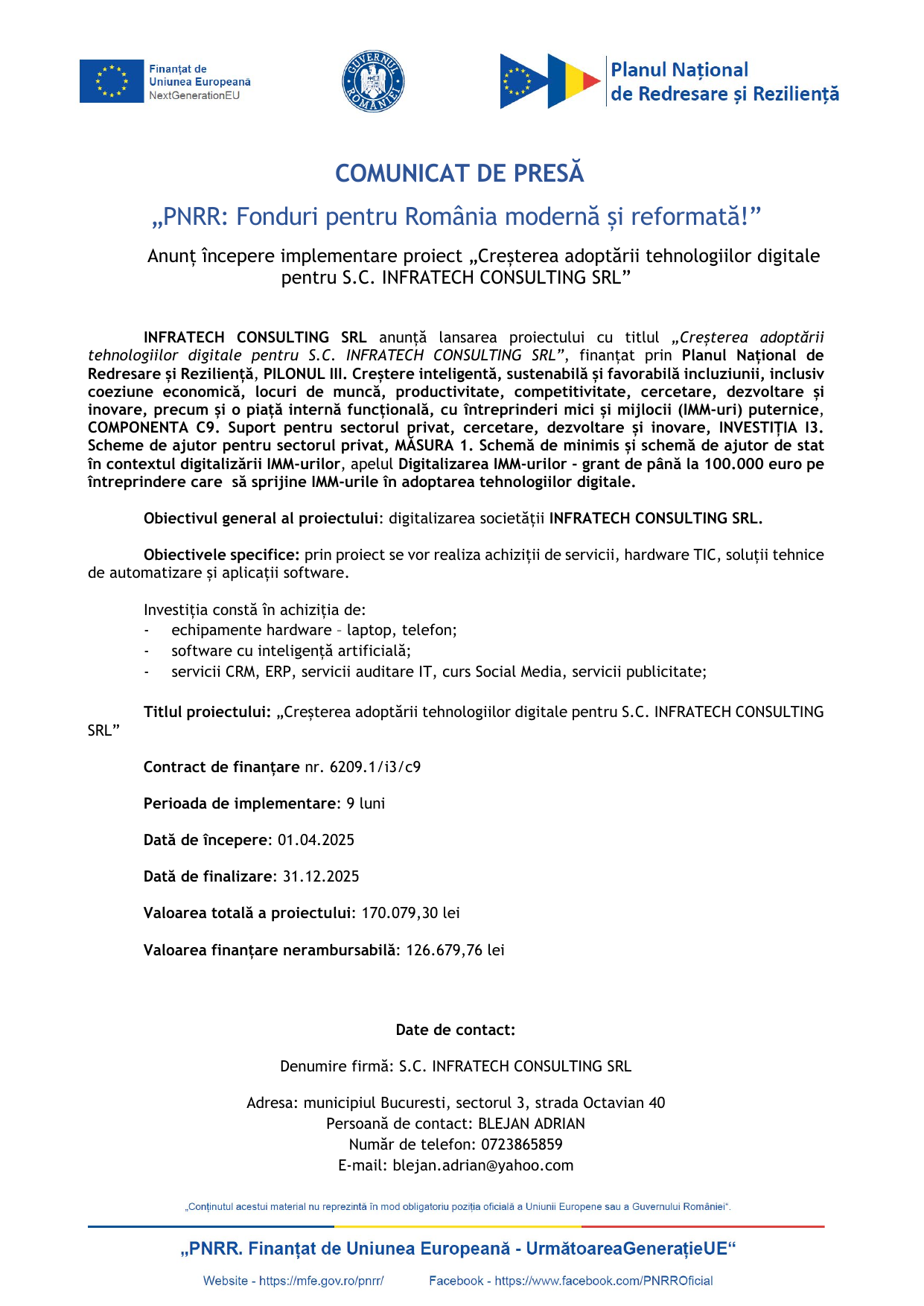 Comunicat de presă INFRATECH CONSULTING SRL